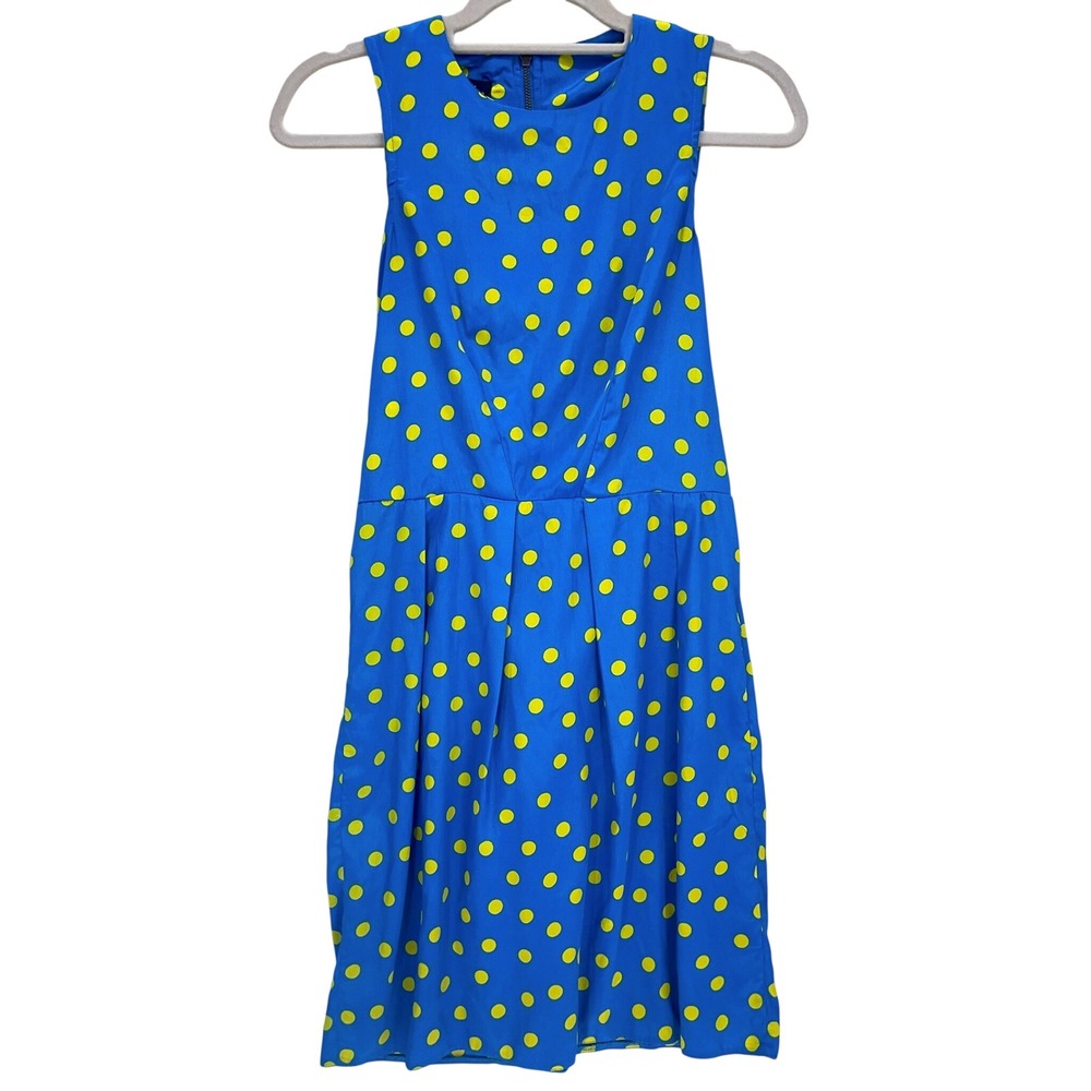 Closet Blue Yellow Polka Dot Dress Size 8 Sleeveless Bow Back Fit Flare Retro